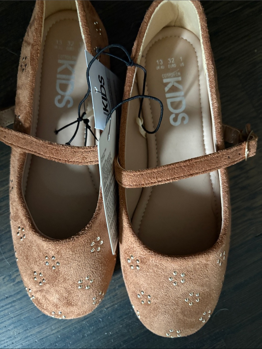 Kids Brown Suede Mary Jane Shoes with Gold Studs